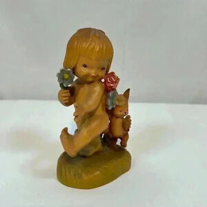 Vintage‎ Anri Ferrandiz Nature Girl Bunny Flower Wood Figurine Italy Collectible